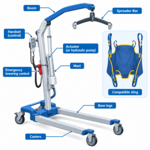 Diagram labeling the base, mast, boom, actuator, spreader bar, controls, casters, and sling of a mobile patient lift.