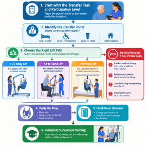 Decision diagram for choosing a patient-lift assessment path based on participation, transfer route, sling compatibility, and room clearance.