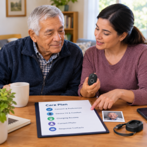 Care partner and older adult reviewing a Personal GPS Tracker for Alzheimer’s, consent, charging, and a safety response plan.
