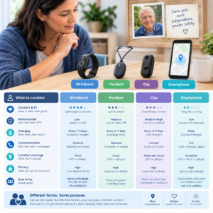 Care partner comparing non-branded Personal GPS Tracker for Alzheimer’s forms for comfort, charging, communication, location coverage, and care needs.