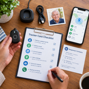 Care partner checking a Personal GPS Tracker for Alzheimer’s, battery, current photo, zone settings, and response card.
