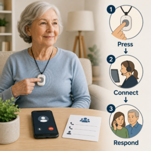 Older adult wearing a personal medical alert pendant beside a phone and emergency contact card.