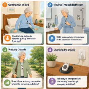 Four everyday situations used to check whether a personal medical alert system fits a person’s routine.