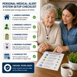 Caregiver and older adult reviewing a personal medical alert system setup checklist.