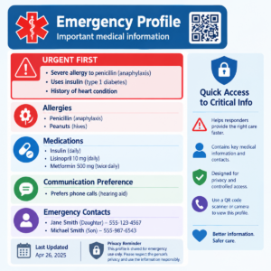 Accessible emergency profile showing urgent medical information, contacts, and an update date.