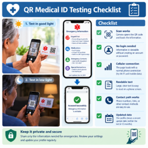 Caregiver testing a QR medical ID for scanning, readable emergency details, and contact access.