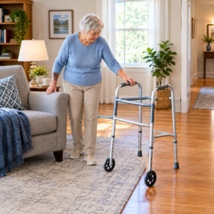 Older adult placing a walking aid beside a sturdy chair in a clear well-lit room