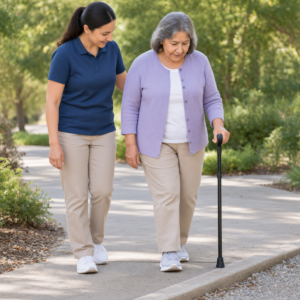 Older adult using a walking stick carefully on a firm outdoor path