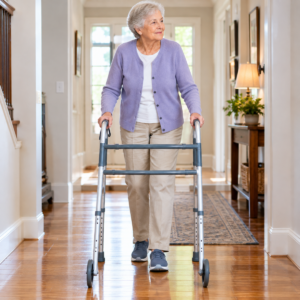 Older adult wearing secure shoes while using a walker in a home hallway