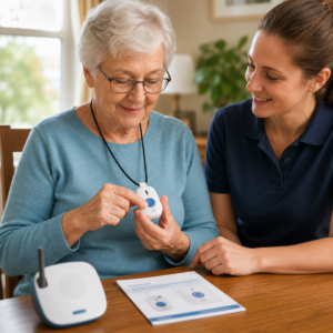 Older adult testing the button and speaker on a medical alert device with a caregiver.