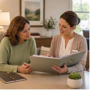 Family member and care professional reviewing a memory care plan together.