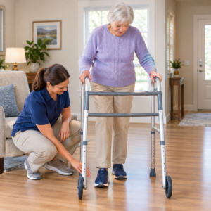 Older adult testing secure shoes with a walker on a dry clear floor