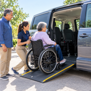 Wheelchair user testing an accessible vehicle entry routine with a mobility specialist