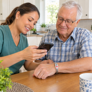 Caregiver testing a QR medical ID bracelet with a phone while an older adult watches.