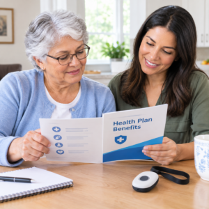 Older adult and family member reviewing health-plan information beside an emergency response button.