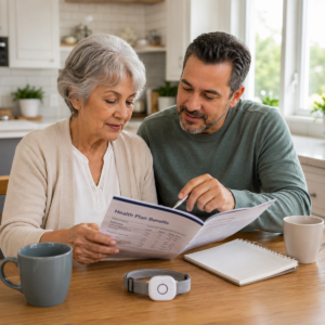 Older adult and family member reviewing United Healthcare Coverage information beside an emergency response button.