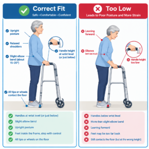 Diagram showing correct walker height compared with walker handles set too low and too high