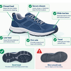 Vector diagram labeling secure closure, closed heel, toe room, low heel, and tread on a walking shoe
