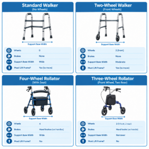 Diagram comparing standard, two-wheel, four-wheel, and three-wheel walkers by wheels, brakes, and support base.