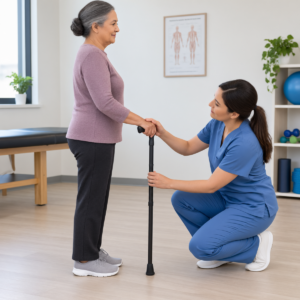 Physical therapist checking walking cane handle height at an older adult's wrist