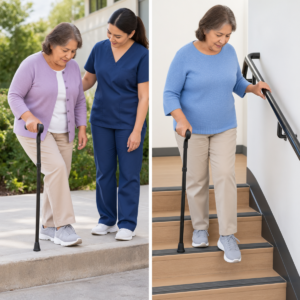 Older adult practicing a curb and stairs with a cane and a therapist nearby