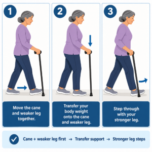 Vector diagram showing a cane moving with the weaker leg before the stronger leg steps through