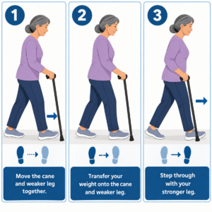 Vector diagram showing a walking stick moving with the weaker leg before the stronger leg steps through