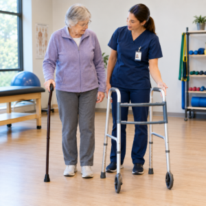 Older adult comparing a walking stick with a standard walker beside a physical therapist