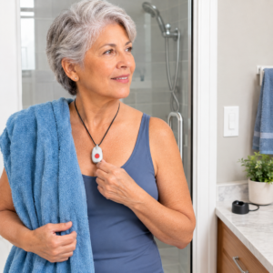 Older adult wearing a medical alert pendant before using the shower.