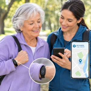 Older adult wearing a GPS tracker bracelet under a sleeve while a caregiver reviews a location update.