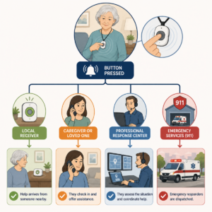 Flow diagram showing four possible recipients after an emergency call button is pressed.
