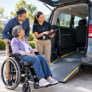 Wheelchair user and mobility specialist reviewing an accessible vehicle