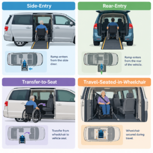 Vector comparison of side-entry, rear-entry, transfer-seat, and wheelchair-travel vehicle arrangements