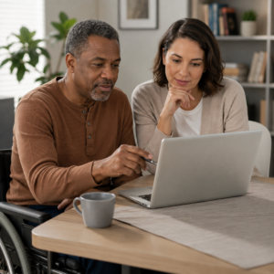 Wheelchair user and caregiver reviewing disability parking permit information