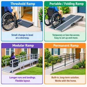 Vector comparison of threshold, portable, modular, and permanent wheelchair ramp types