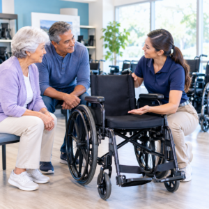 Older adult and caregiver discussing wheelchair rental with a mobility equipment specialist