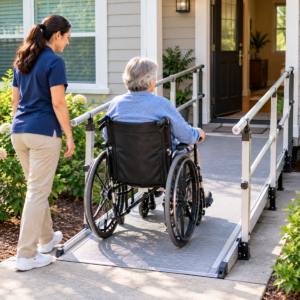 Wheelchair user testing a dry home ramp with a caregiver nearby