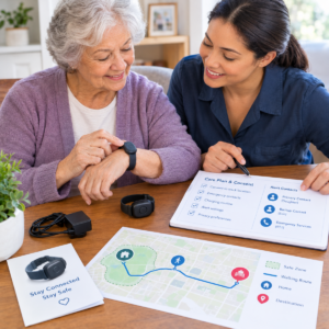 Older adult and caregiver reviewing a wristband GPS tracker, consent, charging, and a safe walking plan.
