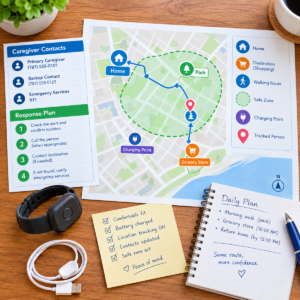 Caregiver route map for a wristband GPS tracker with a safe area, charging point, and response contacts.