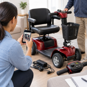 Renter photographing a mobility scooter, charger, controls, and existing condition at handoff