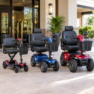 Transportable, standard, and heavy-duty seated mobility scooters prepared for rental