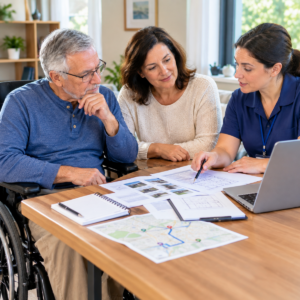 Older adult and caregiver reviewing powered wheelchair needs with a mobility professional