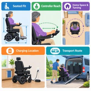 Vector diagram showing fit, controls, home space, charging, and transport factors for a powered wheelchair