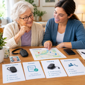 Older adult and caregiver reviewing a GPS Tracker for Elderly Person, walking route, consent, charging, and response plan.