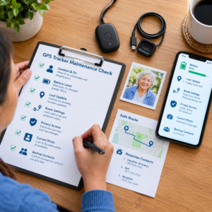 Caregiver checking a GPS Tracker for Elderly Person, charger, battery, route settings, current photo, and response contacts.