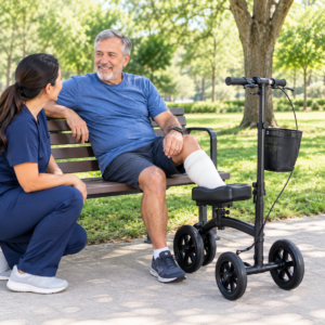 Adult resting safely beside a parked knee scooter on level ground