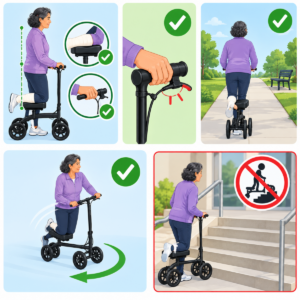 Vector diagram of knee scooter fit, brakes, clear route, and no-stairs safety checks
