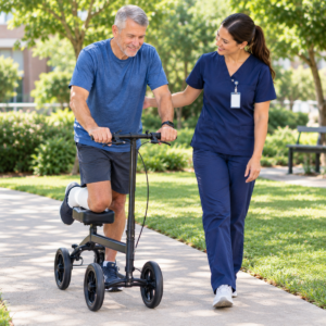 Adult practicing with a knee scooter beside a physical therapist