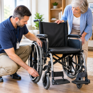 Caregiver and mobility specialist inspecting brakes and footrests on a used wheelchair