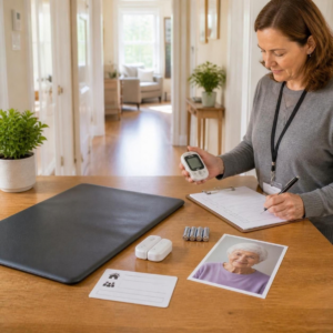 Caregiver checking a wandering patient alarm, batteries, receiver, clear path, and response card.